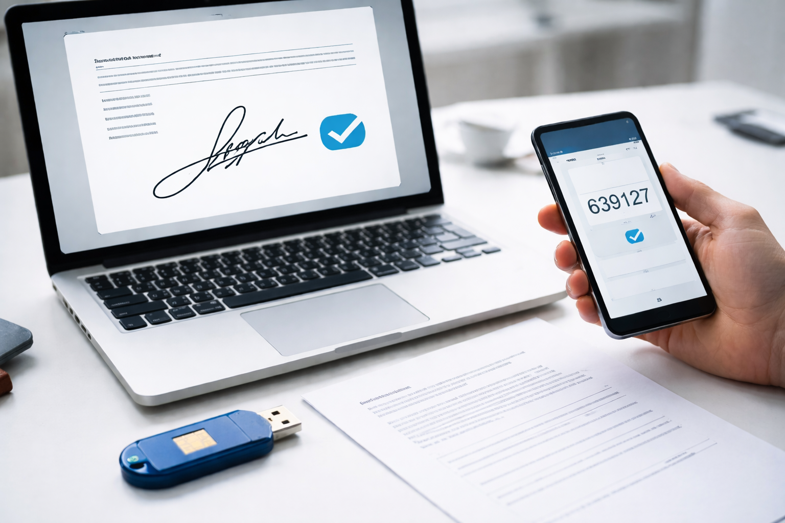 firma digitale di un documento ufficiale tramite computer e smartphone con token usb per autenticazione digitale