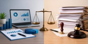 confronto tra dati finanziari e documenti legali con bilancia simbolo di equilibrio tra centrale rischi e protesti