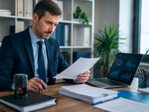 Professionista in ufficio controlla documenti aziendali e dati societari per una visura camerale.