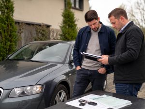 Acquirente e venditore controllano i documenti di un’auto usata prima dell’acquisto con una visura PRA