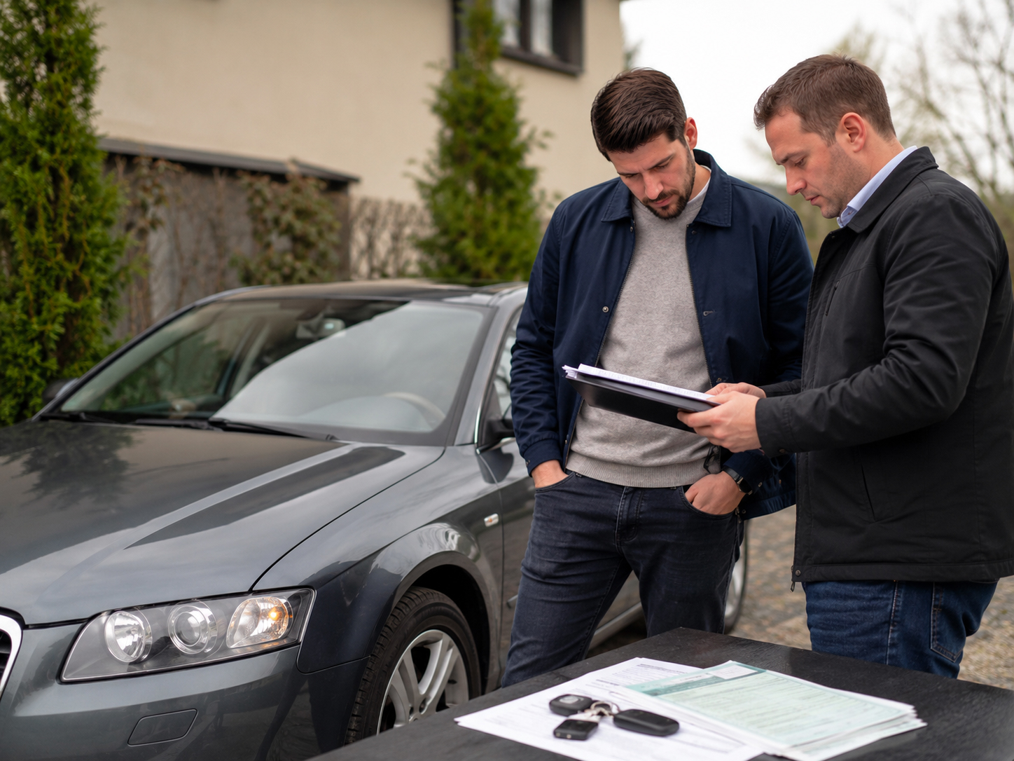 Acquirente e venditore controllano i documenti di un’auto usata prima dell’acquisto con una visura PRA
