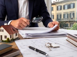 Professionista verifica documenti immobiliari con lente d’ingrandimento, chiavi e modello di casa.