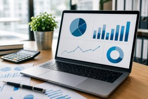 Laptop con grafici finanziari per l’analisi semplice dei bilanci aziendali online