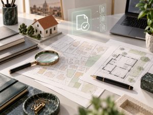 Scrivania con mappe catastali, planimetria, lente d’ingrandimento e modellino di casa per richiesta di visura catastale.