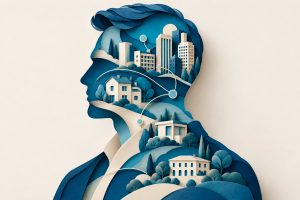 Profilo umano illustrato con case, edifici e connessioni societarie, simbolo di un report persona completo.
